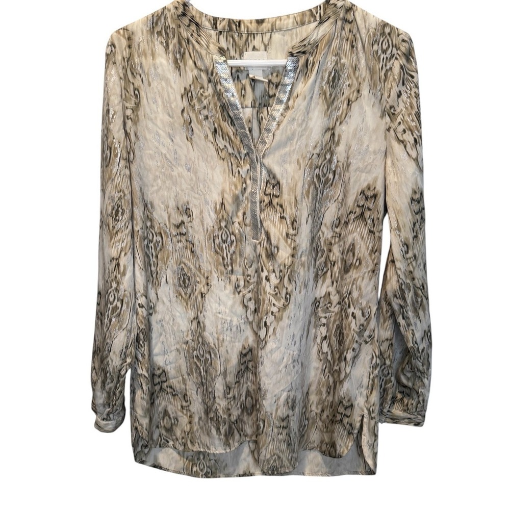 Chico's Womens Tan Ikat Sequin V-Neck Metallic Long Sleeve Top 1/M Resortwear